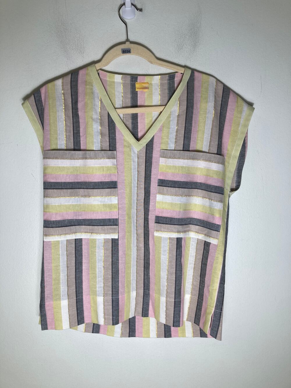 Monoplaza Yellow V Neck Multi Stripe Top Sz XS